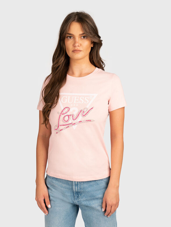 Pink T-shirt with rhinestones and logo - 1