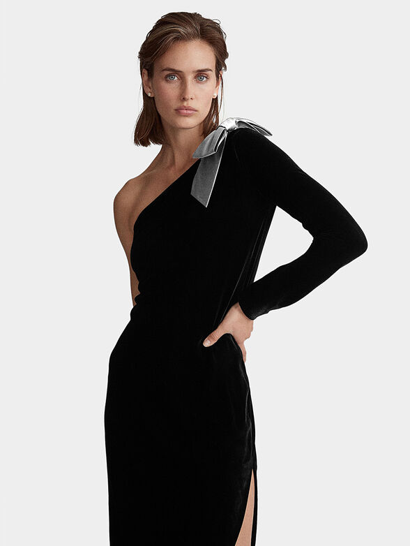 black velvet dress with silver bows Camille Velvet Embellished Bows Long Dress in Black