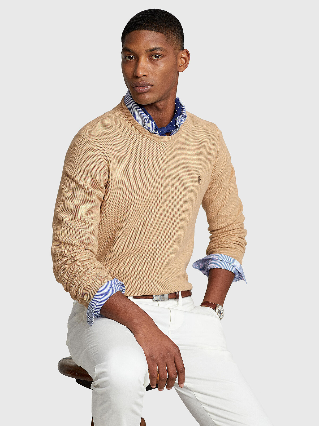 Beige cotton sweater with logo embroidery brand POLO RALPH LAUREN Globalbrandsstore en