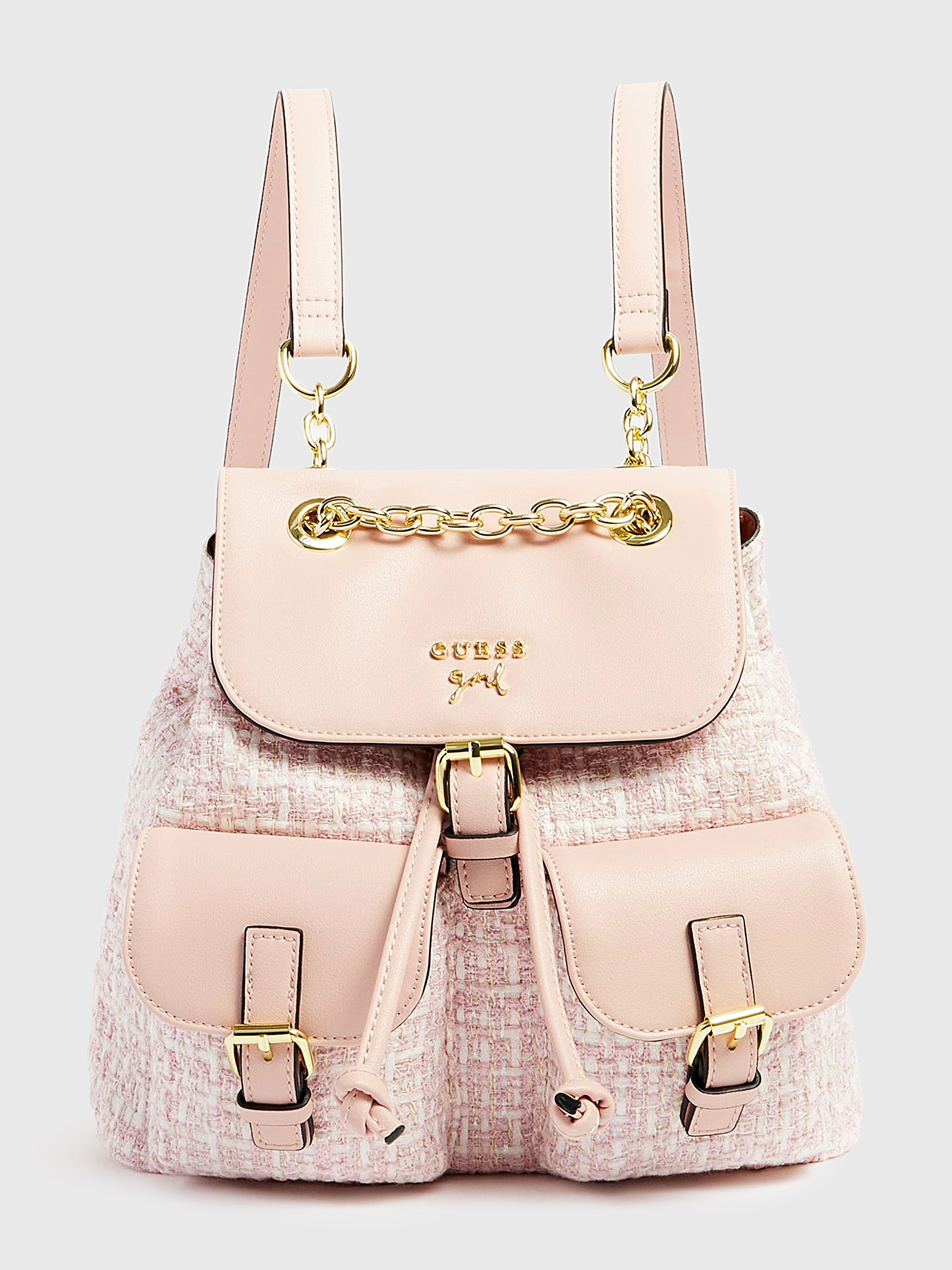 Pink backpack with accent chain brand GUESS — Globalbrandsstore.com/en