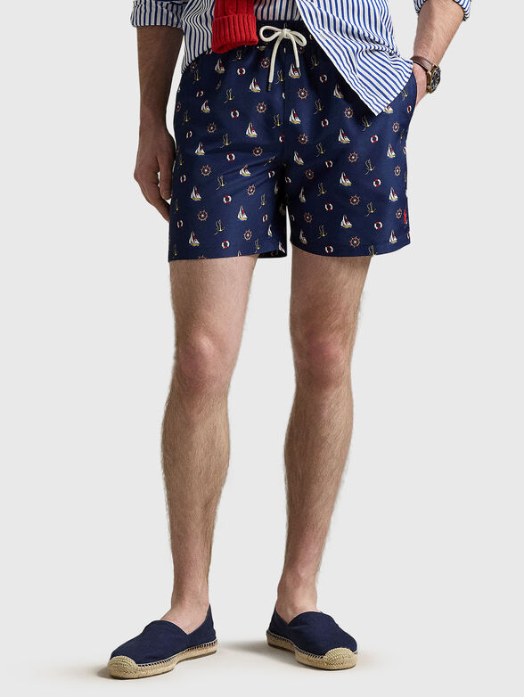 Navy blue printed beach shorts - 1