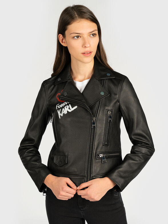 Leather biker jacket with contrasting inscriptions - 1