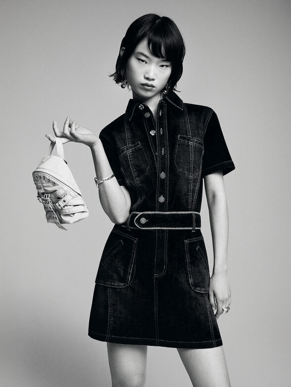 Denim dress with waist belt  - 5