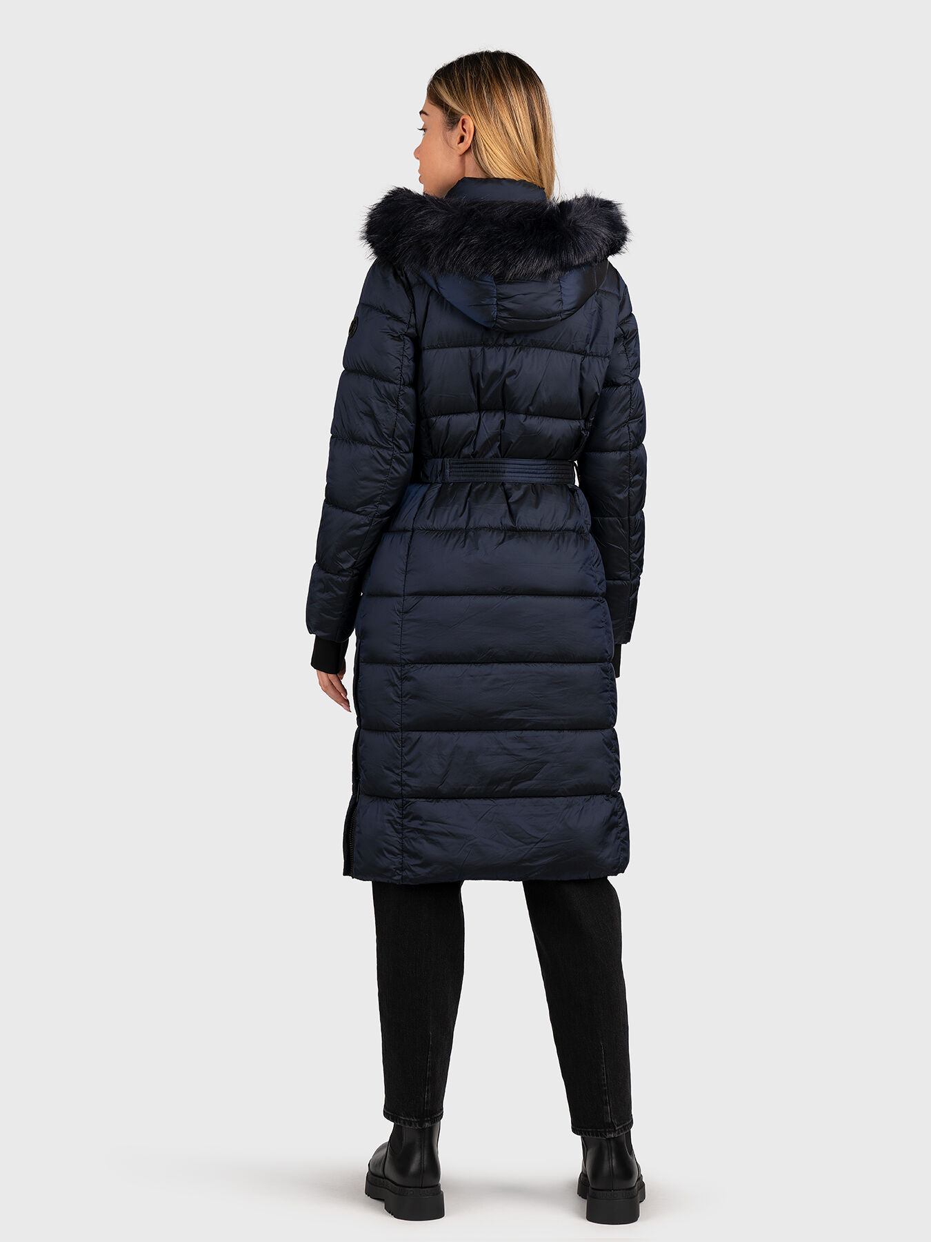 Hooded long jacket in dark blue color with belt brand