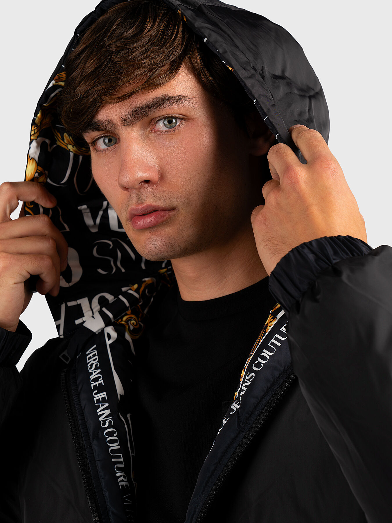 Denim jacket with white print brand VERSACE JEANS COUTURE