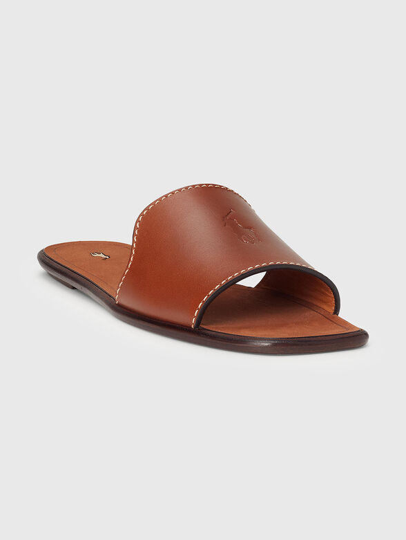 Brown leather slippers with logo detail - 2