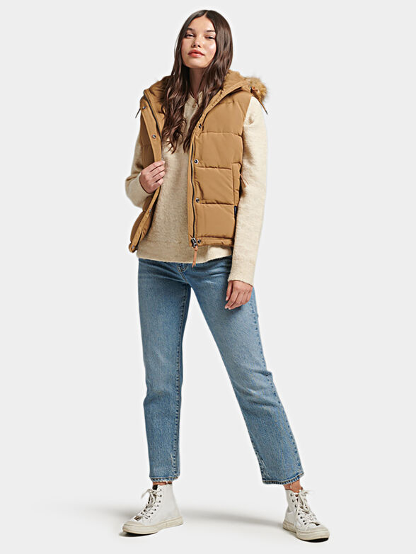 Padded gilet in beige color with hood - 2