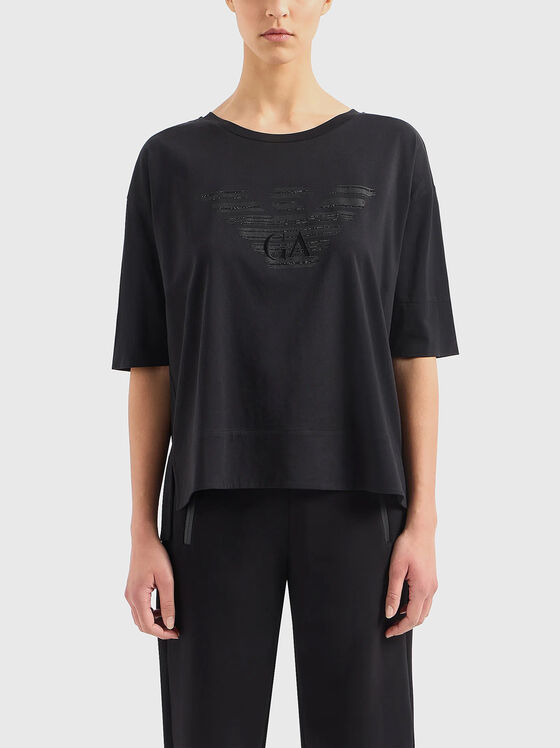 Black T-shirt with rhinestones and embroidery - 1