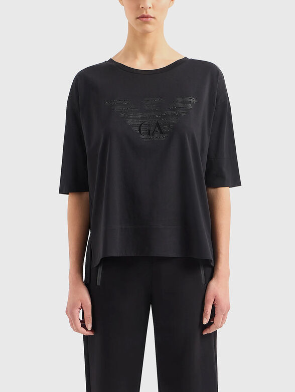 Black T-shirt with rhinestones and embroidery - 1