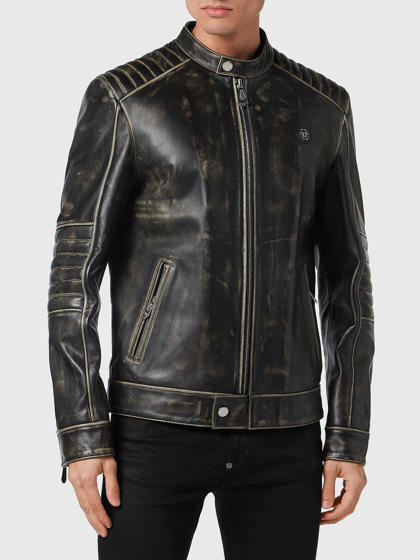 Leather jacket with low collar and logo accent brand PHILIPP PLEIN Globalbrandsstore en