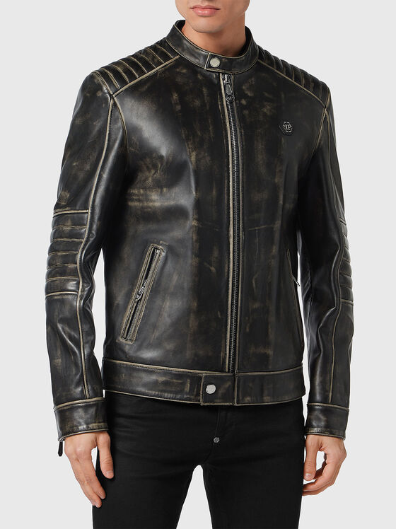 Leather jacket with low collar and logo accent - 1