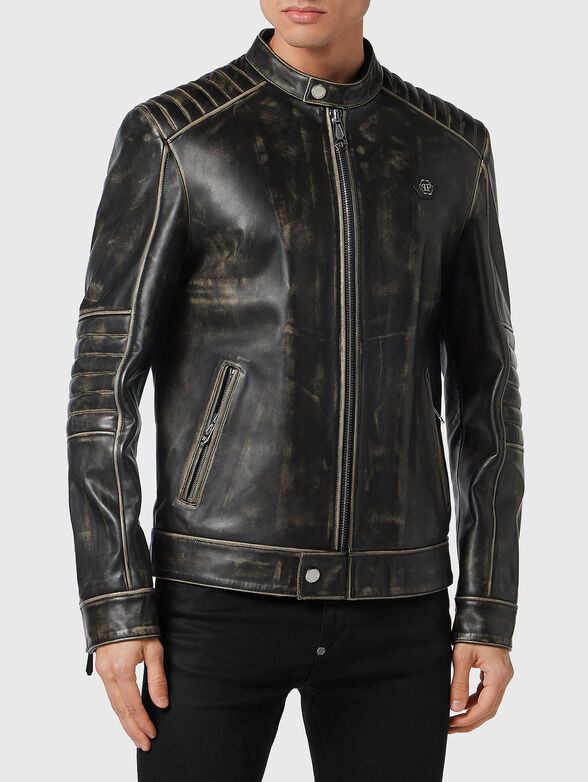 Leather jacket with low collar and logo accent - 1