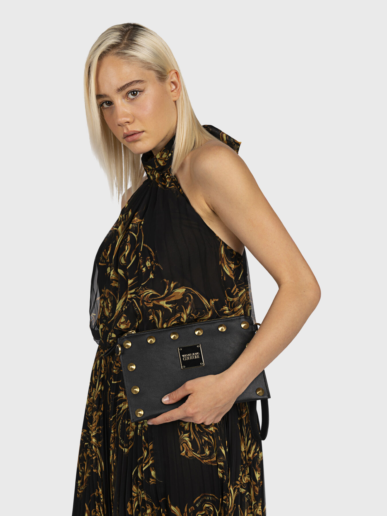 Black clutch with studs and golden logo brand VERSACE JEANS