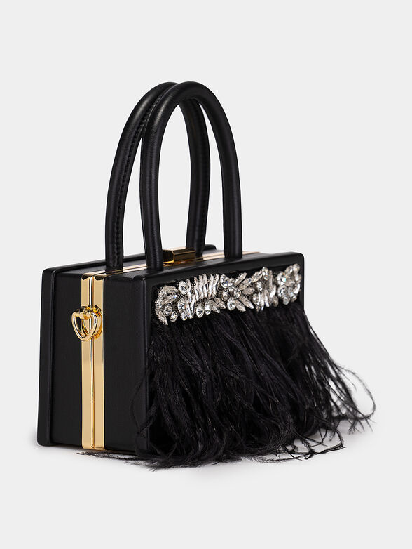 Black clutch with appliqu&eacute; gemstones and feathers - 4