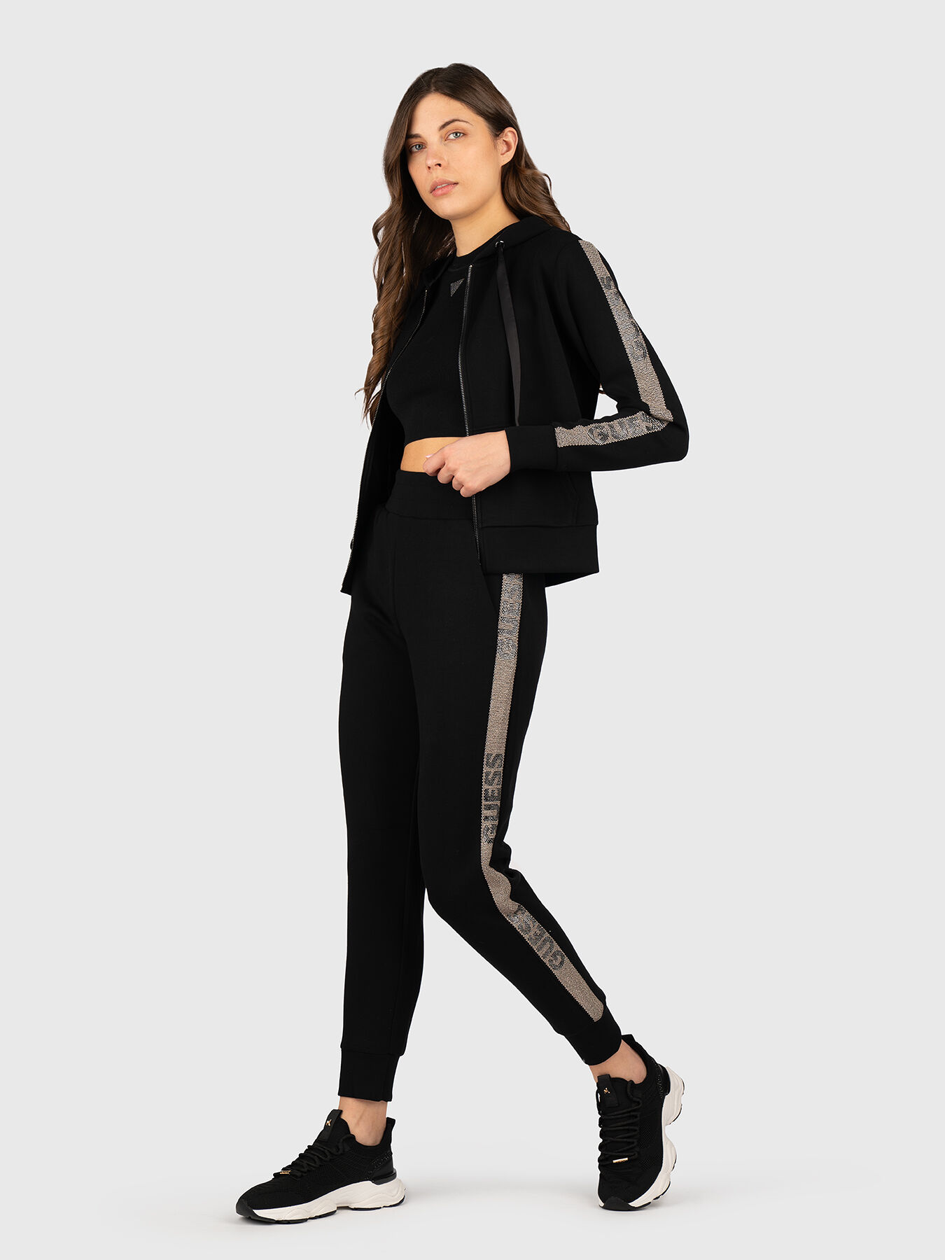 Sweatshirt with hood and logo rhinestones brand GUESS