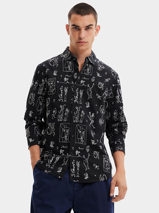 Черна памучна риза с абстрактни фигури - 1