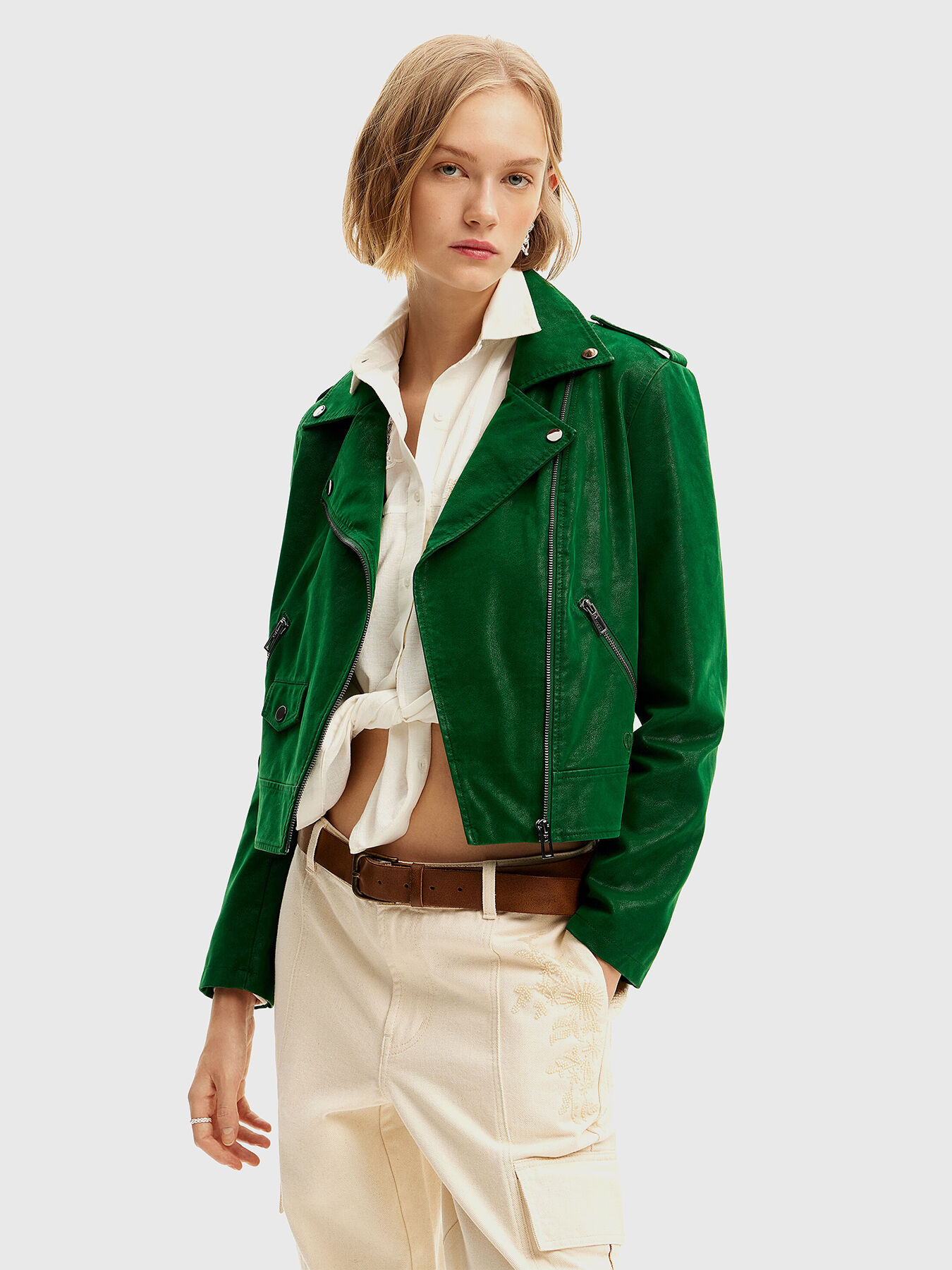 Green biker jacket in eco leather brand DESIGUAL Globalbrandsstore en