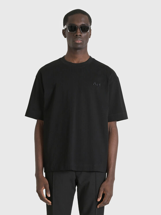 Black T-shirt with oval neckline and logo embroidery - 1