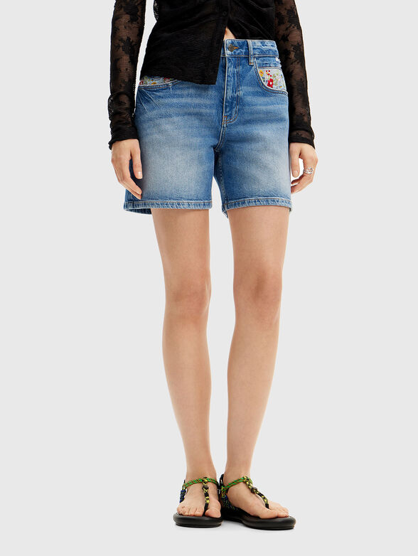 Denim shorts with floral embroideries - 1