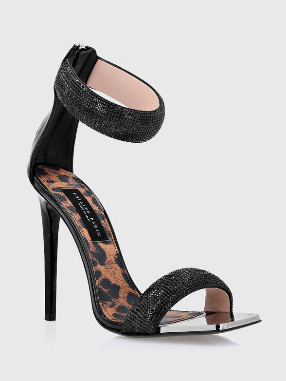 Black leather heeled sandals with rhinestones - 2