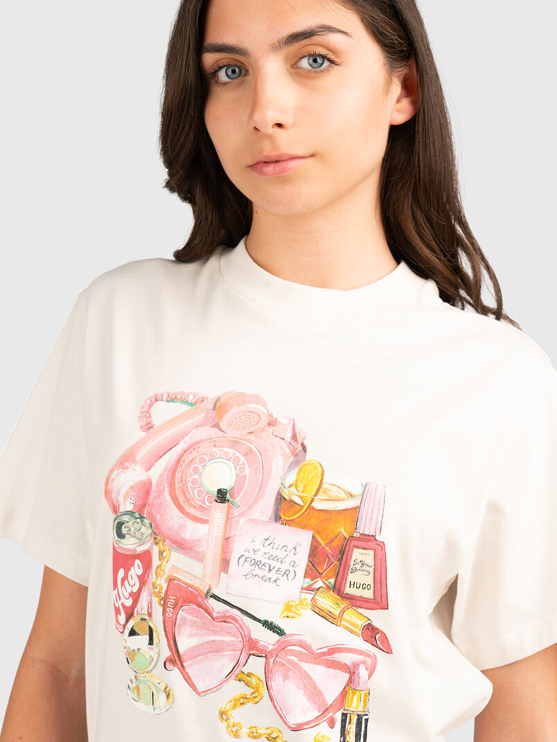 Cotton T-shirt with oval neckline and accent print - 3