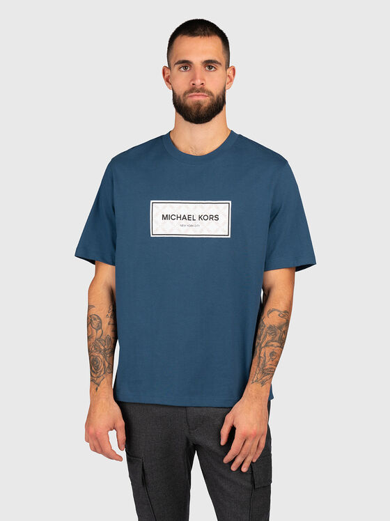 Синя памучна тениска с лого принт - 1