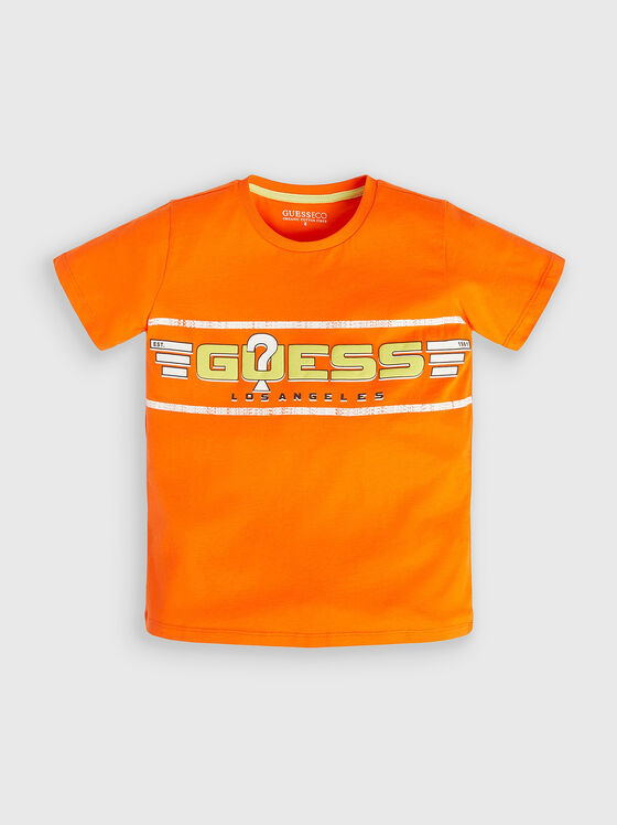 Оранжева памучна тениска с лого акцент - 1