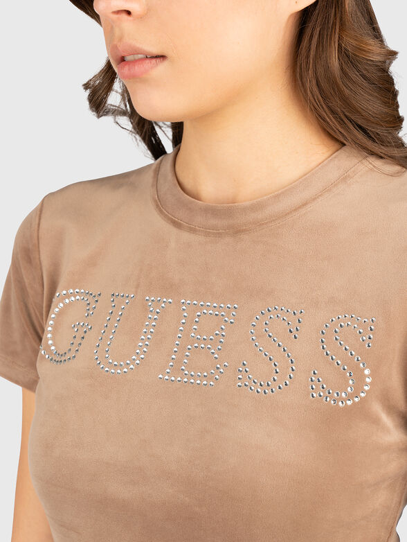 Velvet T-shirt with logo rhinestones - 4