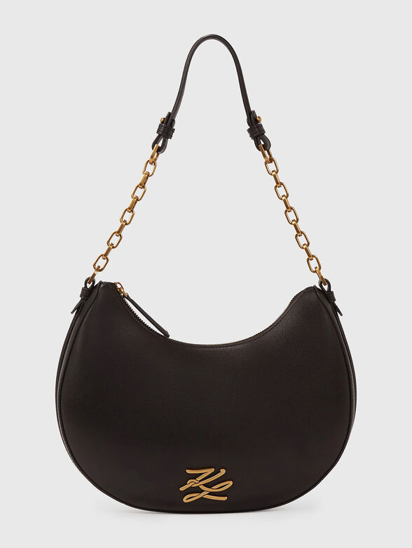 Black leather hobo bag with golden logo - 1