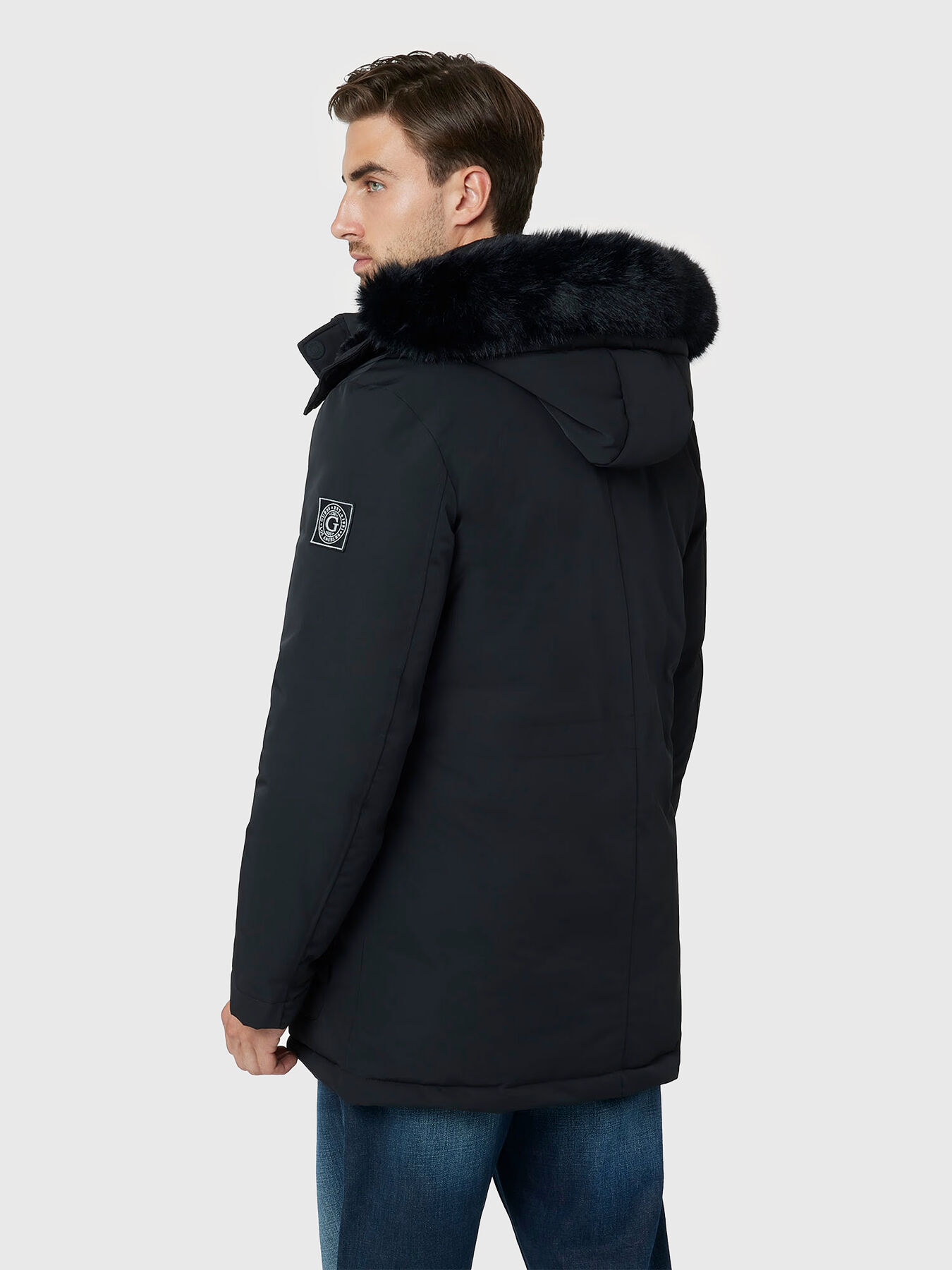 Black parka with removable hood brand GUESS Globalbrandsstore en