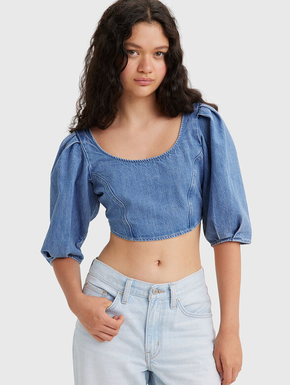 Cropped denim blouse with puff sleeve - 1