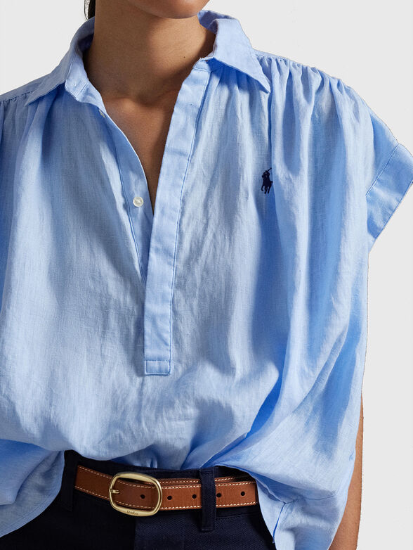 Blue linen blouse with logo embroidery - 4