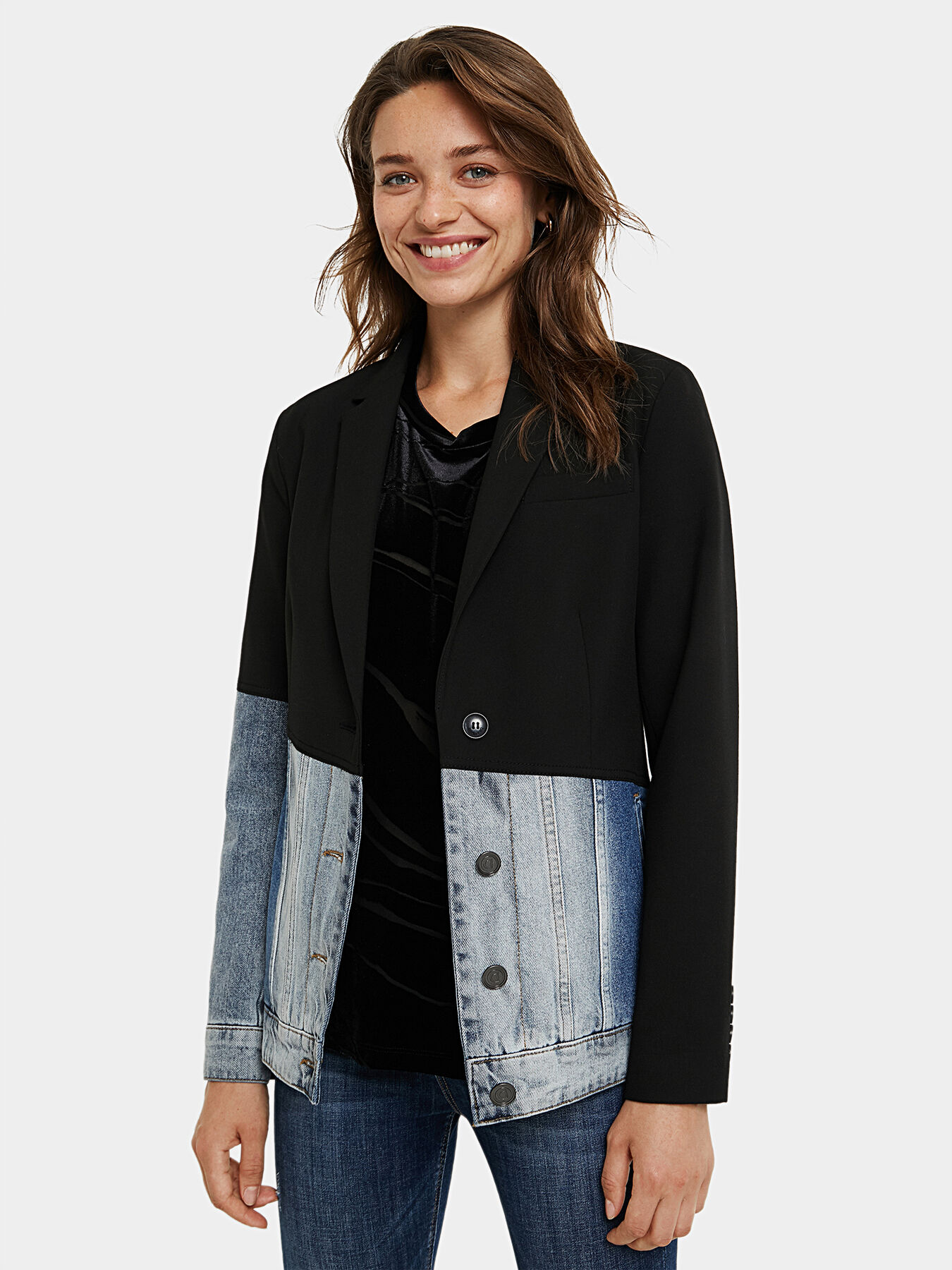 Black jacket with denim panels brand DESIGUAL Globalbrandsstore en