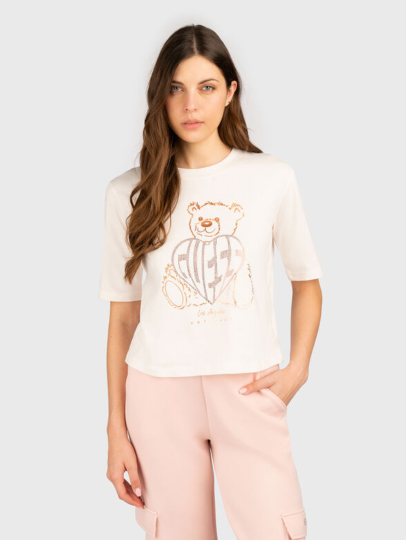 Cotton T-shirt with print and rhinestones - 1