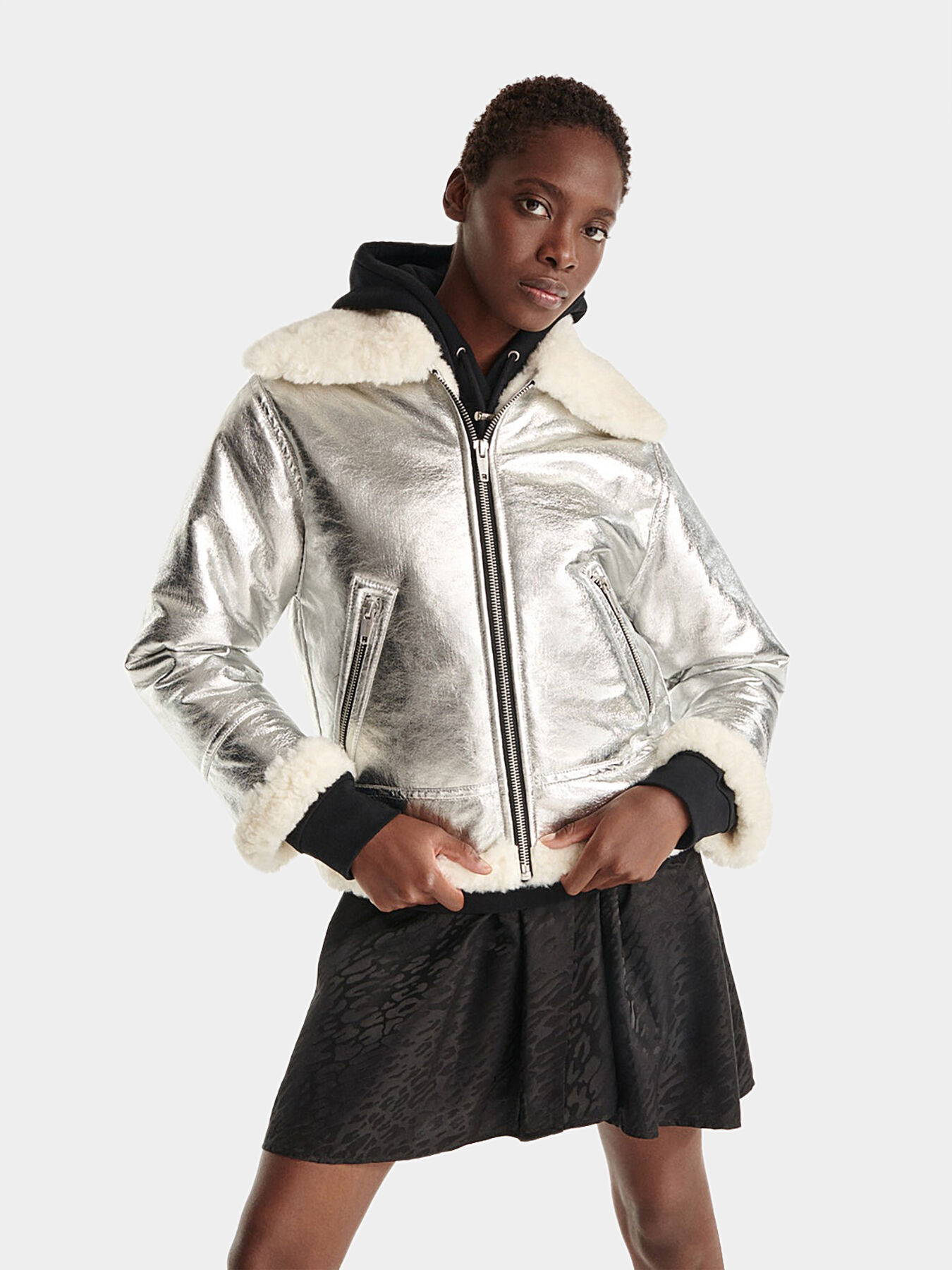 Silver jacket with faux fur collar brand THE KOOPLES Globalbrandsstore en
