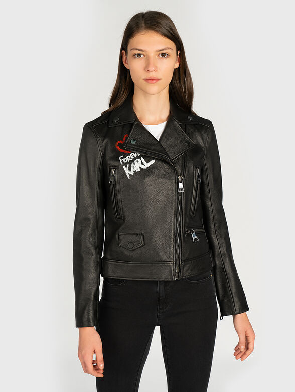 Leather biker jacket with contrasting inscriptions - 4
