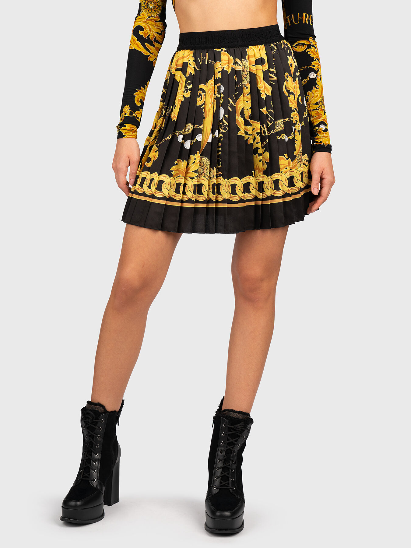 Mini pleated skirt with baroque print brand VERSACE JEANS