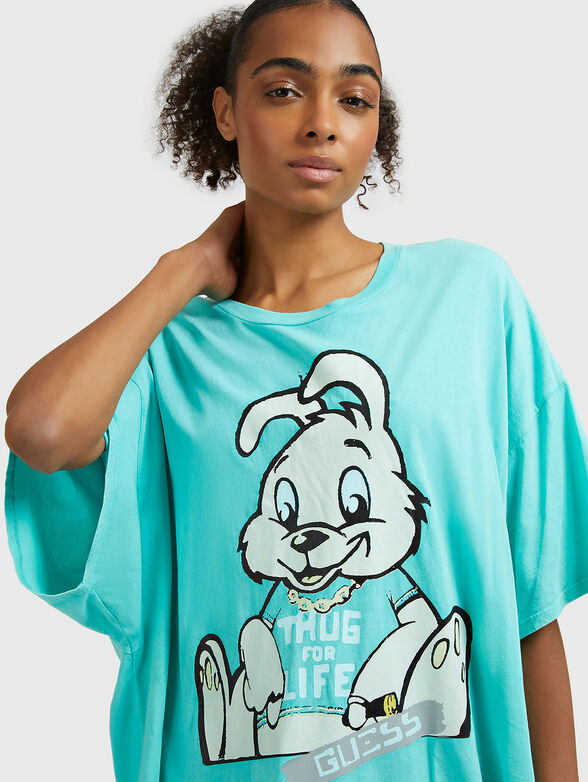 Oversized blue T-shirt with print  - 4