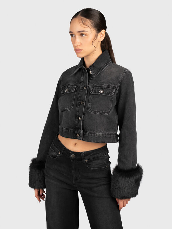 Denim jacket with faux fur sleeves - 1