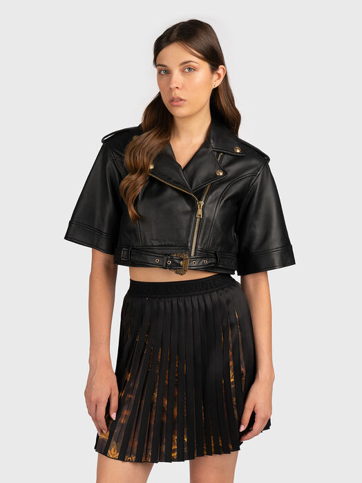 Cropped leather jacket with short sleeves