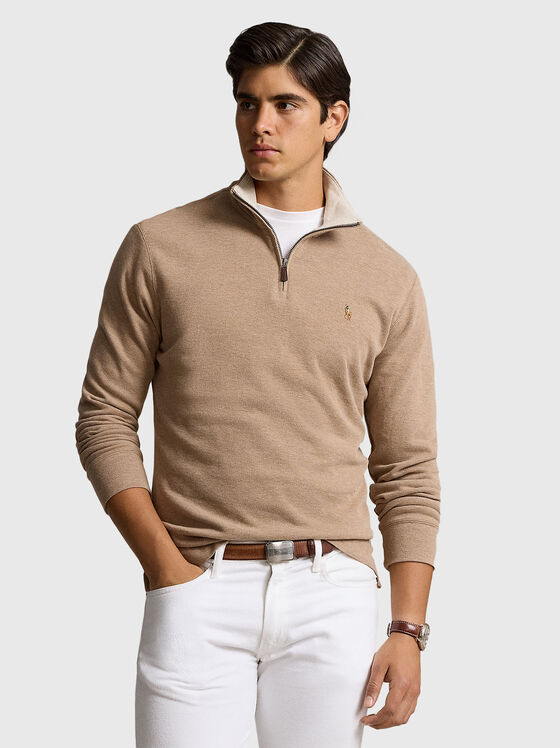 Памучен пуловер с яка с цип - 1