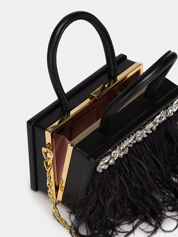 Black clutch with appliqu&eacute; gemstones and feathers - 6