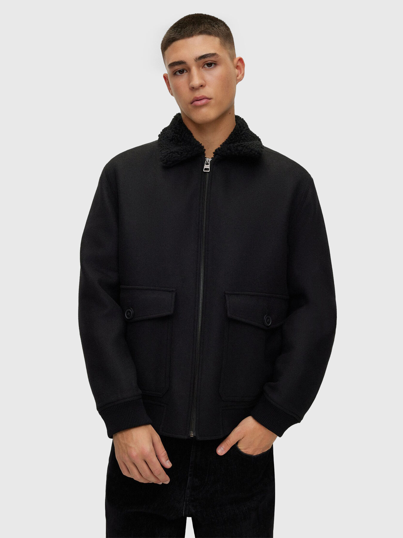 Black wool blend bomber jacket brand HUGO Globalbrandsstore en