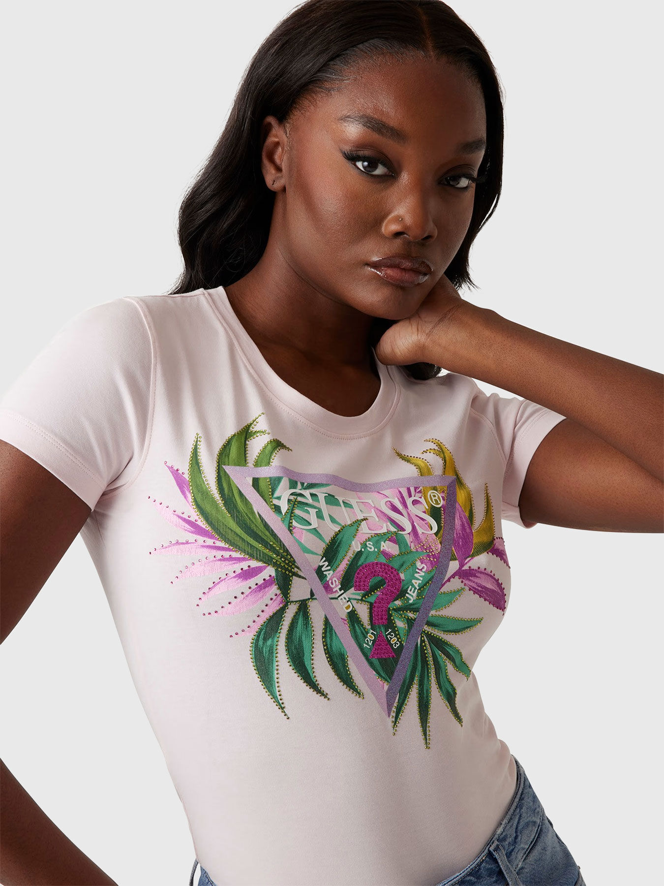 Light blue T-shirt with oval neckline brand GUESS