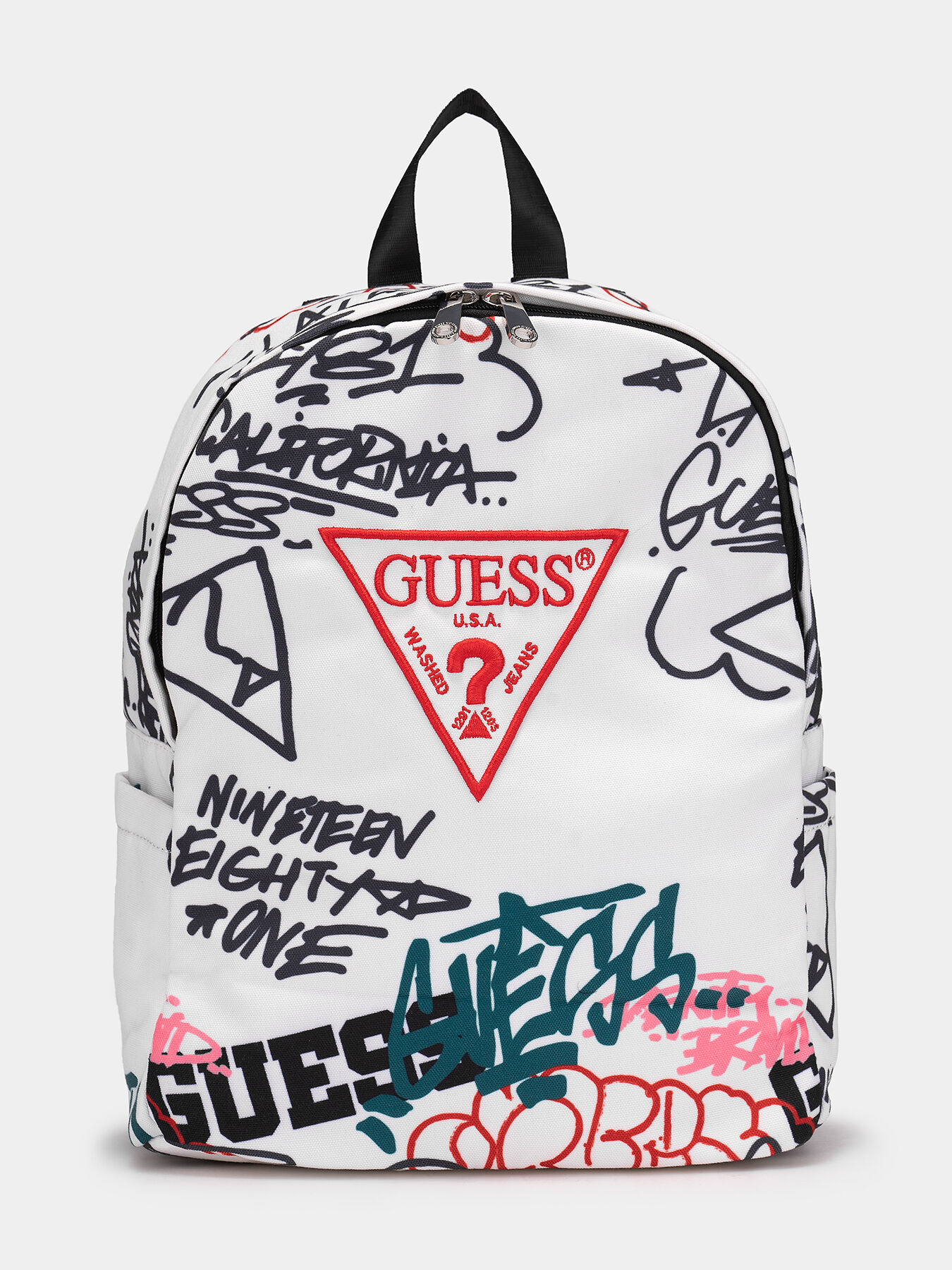 White backpack with graffiti print brand GUESS Globalbrandsstore en