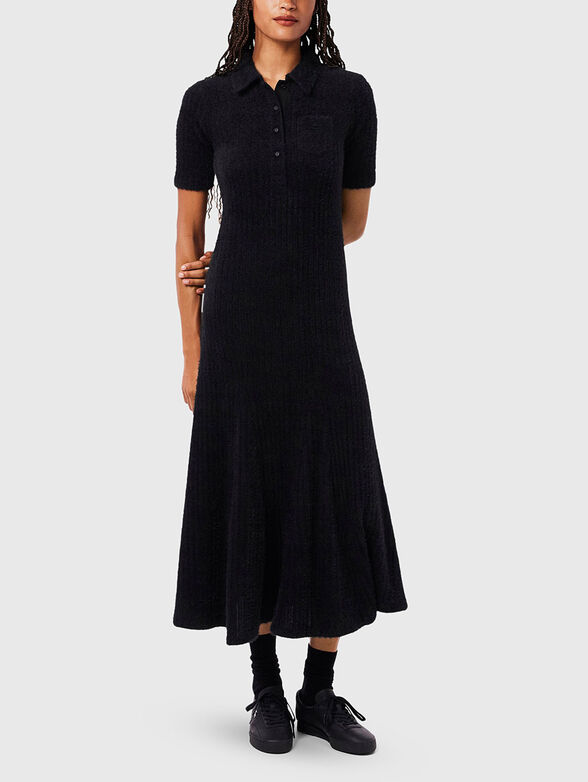 Fuzzy ribbed knit polo collar dress - 1