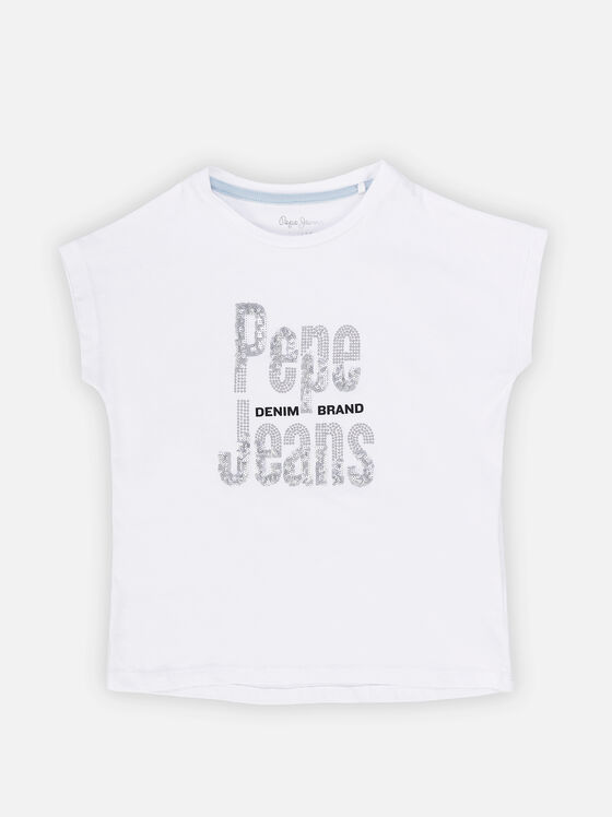 Бяла тениска KAELA с апликирани кристали и пайети - 1