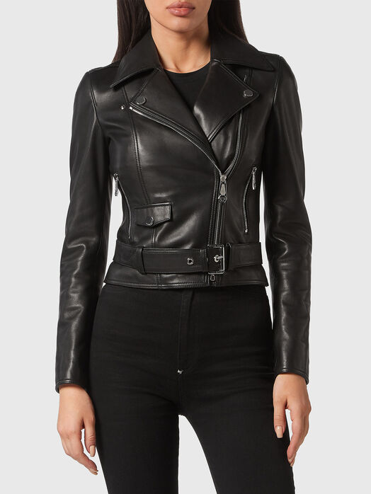 Leather biker jacket with accent logo on the back