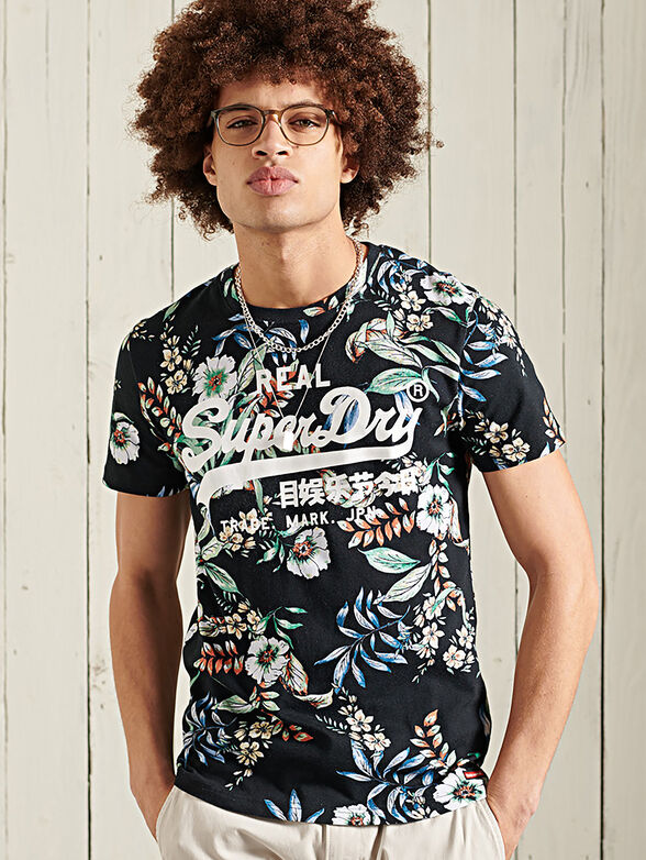 Black T-shirt with floral print - 1