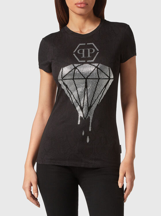 Черна тениска SEXY PURE с апликирани кристали - 1